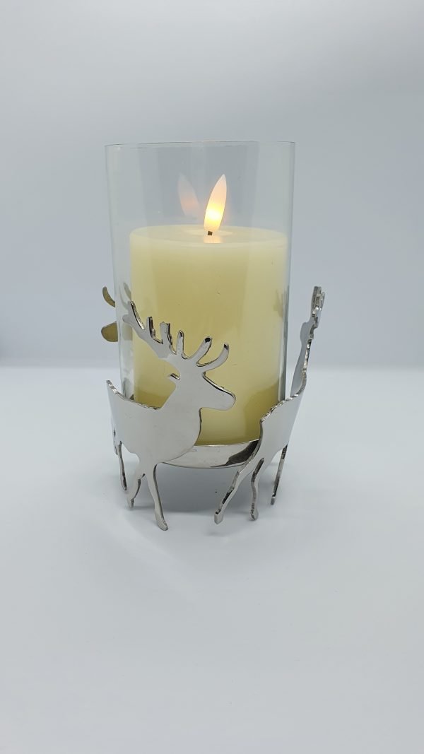Silver stag Hurricane Lantern With Lit Candle